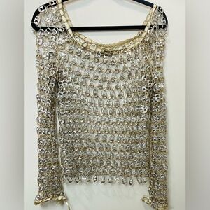 Handmade/ crocheted Silver Tab-top Long Sleeve Top